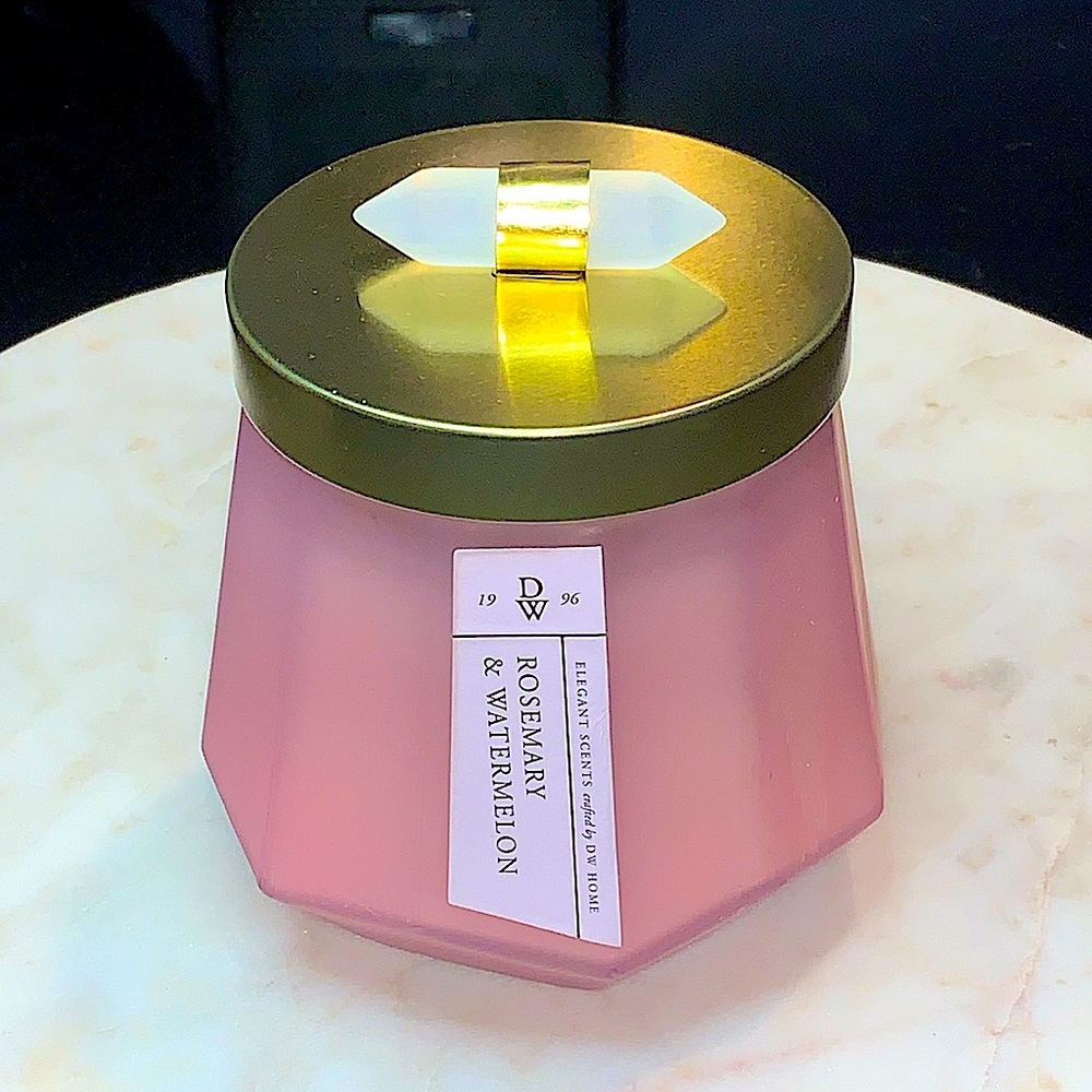 DW HOME CANDLE ROSEMARY & WATERMELON SOY WAX  2 WICK PINK FOG GLASS 13.2 NEW